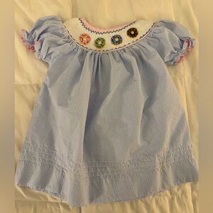 Smocked Blue Gingham Dress with Embroidered Donuts